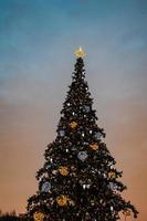 colorato Natale albero scintillante contro il sfondo di il sera pastello cielo foto