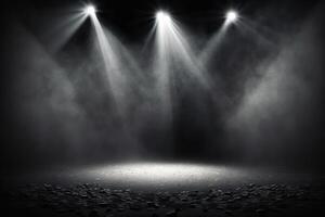 generativo ai illustrazione di faretti brillare su palcoscenico pavimento nel buio camera, nebbia deriva intorno a, idea per sfondo, fondale finto su foto