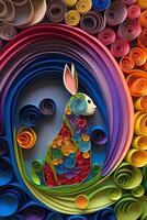 generativo ai illustrazione di quilling carta arte, carino bambino coniglio come Pasqua coniglietto seduta nel Pasqua uovo come Pasqua sotto albero, sfondo sfondo design nel Pasqua vacanza foto