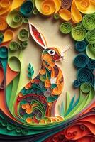 generativo ai illustrazione di quilling carta arte, carino bambino coniglio come Pasqua coniglietto seduta nel Pasqua uovo come Pasqua sotto albero, sfondo sfondo design nel Pasqua vacanza foto