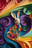 generativo ai illustrazione di quilling carta arte, carino bambino coniglio come Pasqua coniglietto seduta nel Pasqua uovo come Pasqua sotto albero, sfondo sfondo design nel Pasqua vacanza foto