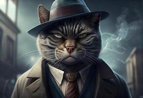 generativo ai illustrazione di un' gatto come un' mafia capo fumo foto