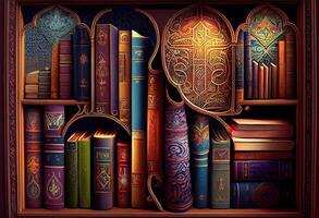 generativo ai illustrazione di islamico biblioteca libri, sfondo, luminosa, attraente, amore per libri foto