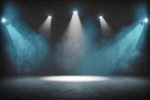 generativo ai illustrazione di faretti brillare su palcoscenico pavimento nel buio camera, nebbia deriva intorno a, idea per sfondo, fondale finto su foto