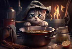 generativo ai illustrazione di carino gatto con cucinando cappello cucinando la minestra a un' ristorante, buio colori, colorato foto