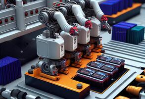 generativo ai illustrazione di robot montaggio linea con elettrico auto batteria cellule modulo su piattaforma foto