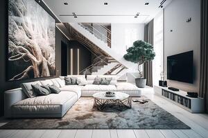 generativo ai illustrazione di un' moderno vivente camera, bianca tema, di legno accento, bianca pelle angolo divano , bicchiere, luci, un' grande tappeto, grande tv foto