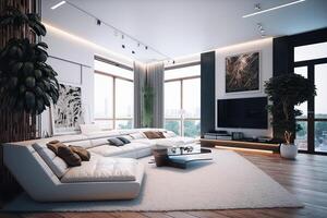 generativo ai illustrazione di un' moderno vivente camera, bianca tema, di legno accento, bianca pelle angolo divano , bicchiere, luci, un' grande tappeto, grande tv foto