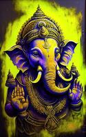 generativo ai illustrazione di Ganesha indù Dio , con fiori, olio pittura prese su in Paradiso, seduta nel davanti di bokeh mandala sfondo foto