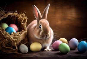 generativo ai illustrazione di carino bambino coniglio come Pasqua coniglietto seduta nel Pasqua uovo come Pasqua sotto albero, sfondo sfondo design foto