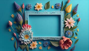 generativo ai illustrazione di primavera fiore telaio su blu e ciano sfondo copia spazio piatto posare finto su foto