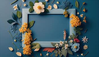 generativo ai illustrazione di primavera fiore telaio su blu e ciano sfondo copia spazio piatto posare finto su foto