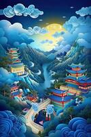 generativo ai illustrazione di Cinese natura e paesaggio su solido sfondo, fausto nuvole, burrone flusso, montagna gamma, molti case e antico edifici, Multi dimensionale carta quilling foto