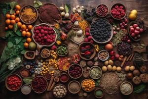 delizioso tavolo in mostra un' diverso Vettore di frutta e verdure per un' sano, appetitoso pasto, generativo ai. foto