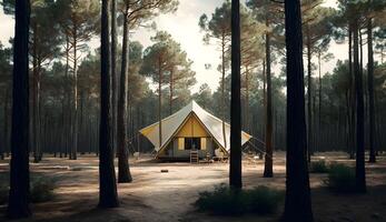 estate campo nel il pino foresta, vista di campeggio tende tra il pino alberi ,generativo ai foto