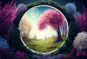 generativo ai illustrazione di bellissimo incantata paesaggio. Magia prato con primavera fioritura alberi. il giro telaio con copia spazio nel il mezzo . fantasia giardino sfondo foto