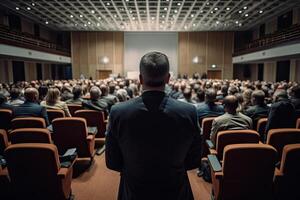 pubblico altoparlante dando parlare nel conferenza sala a attività commerciale evento. generativo ai foto