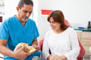 bellissimo donna ricevente spiegazioni di sua dentale trattamento con sua dentista. medico utilizzando un' umano cranio come modello. foto