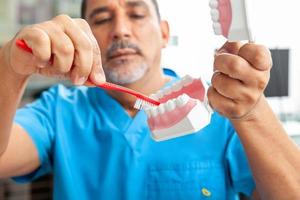 dentista utilizzando un' dentale modello per mostrare il corretta modo per spazzola il tuo denti foto