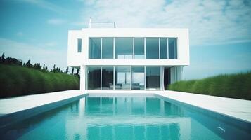 disegno, contemporaneo bianca casa con panoramico finestre e piscina, con un' Giardino dietro la casa prospiciente il oceano. generativo ai foto
