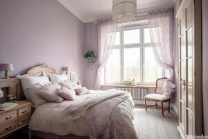 interno di un' lussuoso Camera da letto nel il stile di Provenza, rosa e viola toni. generativo ai foto