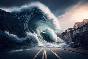 un' gigante tempesta, un' tsunami colpi il città a notte. generativo ai foto