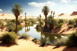 oasi nel il deserto, acqua, palma alberi, paesaggio. generativo ai foto