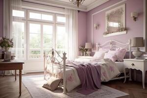 interno di un' lussuoso Camera da letto nel il stile di Provenza, rosa e viola toni. generativo ai foto