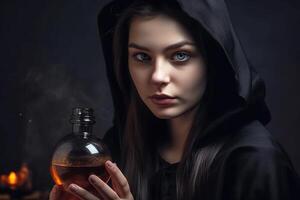 un' strega, un' bellissimo ragazza nel un' nero capo con un' cappuccio è preparazione un' amore pozione. generativo ai foto