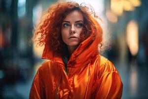 ritratto di un' dai capelli rossi ragazza vestito alla moda nel un' luminosa arancia giacca. strada stile. generativo ai foto