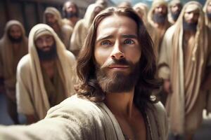 Gesù prende selfie. ritratto di un' uomo chi sembra piace Cristo assunzione immagini di lui stesso e il suo gli amici. generativo ai foto
