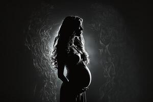 silhouette di un' incinta donna su un' buio sfondo. generativo ai foto