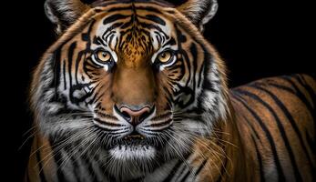 Sumatra tigre guardare a il macchina fotografica, tigre su nero sfondo .generativo ai foto