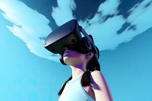 un' giovane ragazza indossare un' virtuale la realtà cuffia nel il stile di blu e nero. ai generato foto