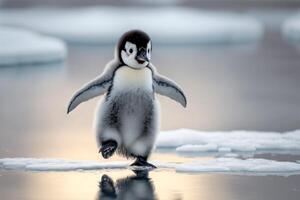 un' bambino pinguino ondeggiante attraverso il Ghiaccio, con suo Ali disteso per equilibrio. ai generato foto