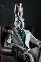 uomo indossare un' coniglio maschera seduta nel un' sedia. generativo ai. foto