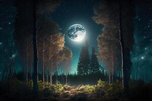 foresta con Alba lunare fra il alberi sera cielo Luna. generativo ai foto