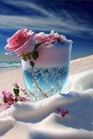 vaso pieno con rosa fiori seduta su superiore di un' sabbioso spiaggia. generativo ai. foto