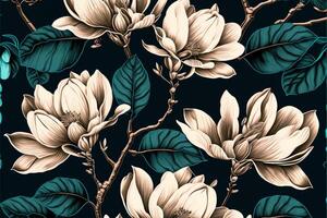 senza soluzione di continuità modello con mano disegnato magnolia fiori. generativo ai foto