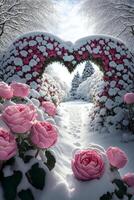 giardino pieno con molte di rosa fiori coperto nel neve. generativo ai. foto