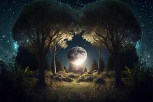 foresta con grande Alba lunare giardino. generativo ai foto
