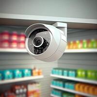 in linea sicurezza cctv telecamera sorveglianza sistema nel un' drogheria negozio, sfondo con sfocato scaffali con merce. ai generato illustrazione foto