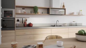 semplice minimalista moderno cucina accogliente confortevole e elegante per Casa e appartamento, mobiletto, cucina lavello, e alcuni cucina elettrodomestici, pranzo camera, bene interno. foto