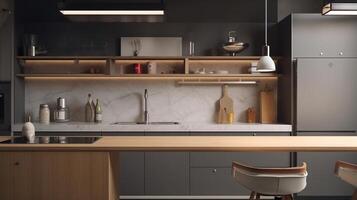 semplice minimalista moderno cucina accogliente confortevole e elegante per Casa e appartamento, mobiletto, cucina lavello, e alcuni cucina elettrodomestici, pranzo camera, bene interno. foto