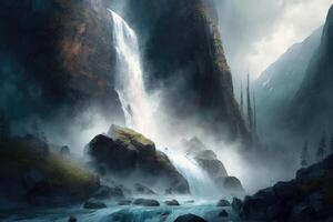 ai generato magnifico cascata, a cascata giù un' roccioso scogliera e invio un' nube di nebbia in il aria. foto
