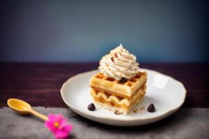 delizioso ghiaccio crema nel un' tazza, avvicinamento, su il tavolo. dolce cibo. generativo ai foto