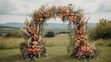 generativo ai, nozze cerimonia boho rustico stile arco con fiori e impianti, fiore mazzi di fiori. foto