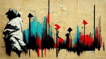 generativo ai, inchiostro nero strada graffiti arte su un' strutturato carta Vintage ▾ sfondo, ispirato di Banksy. foto