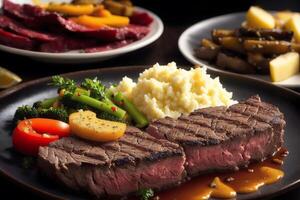 Manzo bistecca con patate e verdure su un' bianca piatto. ristorante. generativo ai foto