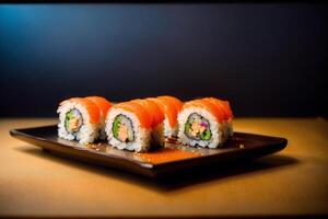 giapponese cucina. Sushi e rotoli su il tavolo nel il ristorante. generativo ai foto